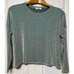 ZENANA‎ Green White Stripe Ribbed Long Sleeve Crew Neck Top Women L/XL
